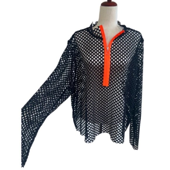 ASOS CURVE Black Mesh Fishnet Quarter Zip Top Neon Orange Size US 24 - Picture 1 of 13